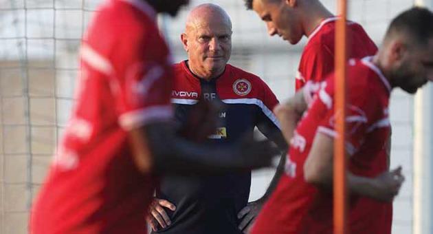 Malta coach Ray Farrugia (C) follows his players during a Malta training stint early this week. Photo © Domenic Aquilina