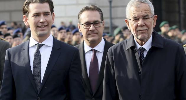 Austria's Chancellor Sebastian Kurz, Austrian Vice Chancellor Heinz-Christian Strache and Austrian President Alexander Van Der Bellen, from left