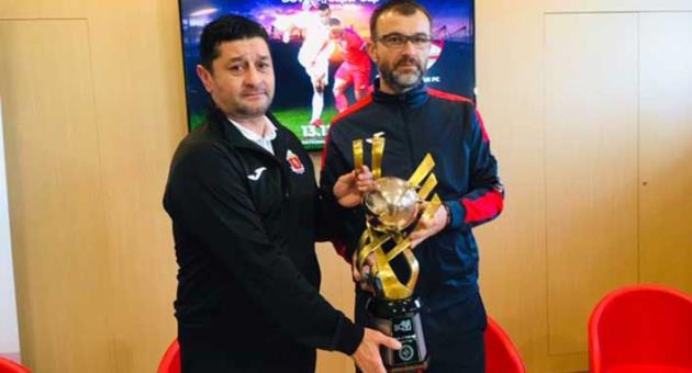 Danilo Doncic, Valletta coach, left, and Marko Micovic, Balzan mentor, with the Super Cup