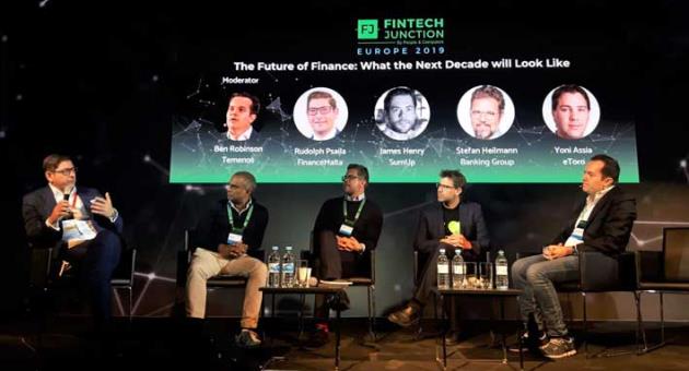 FinanceMalta Chairman Rudolph Psaila (first from left) making a point during a panel discussion at the recently-organised FinTech Junction event held in Berlin