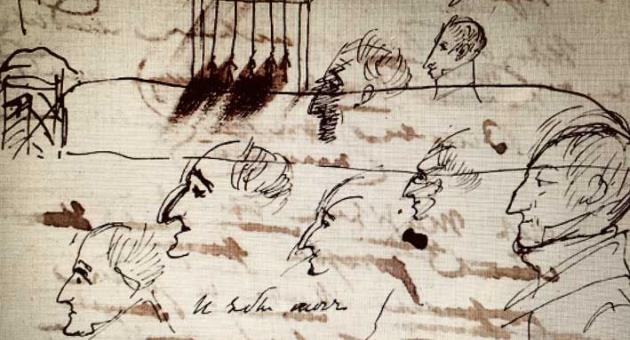The execution of the Decembrists. The drawing of Russia's most renowned poet Alexander Pushkin who shared their views.