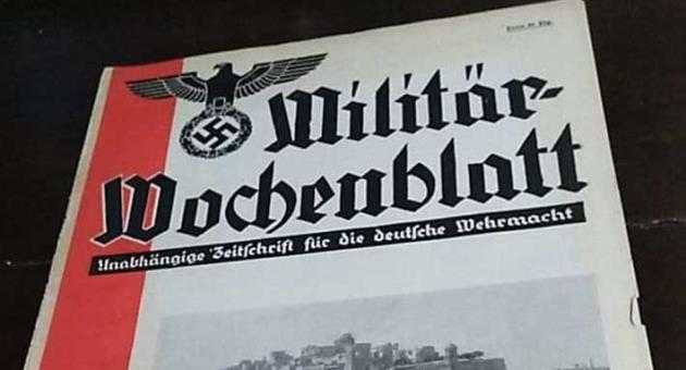 German propaganda magazines: Wehrmacht Magazine (Militär-Wochenblatt of 24 July 1942) and War Library for German Youth showing German propaganda illustration (also from 1942).