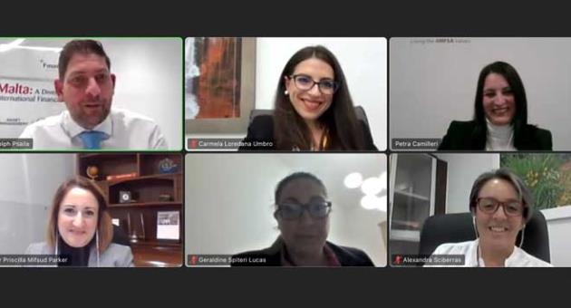 Clockwise from left: Rudolph Psaila, Carmela Loredana Umbro, Petra Camilleri, Alexandra Sciberras, Geraldine Spiteri Lucas and Dr Priscilla Mifsud Parker during the FinanceMalta webinar.