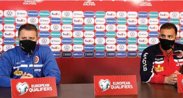 National coach Devis Mangia and captain Steve Borg in yesterday’s press coference. Photo: Domenic Aquilina/MFA