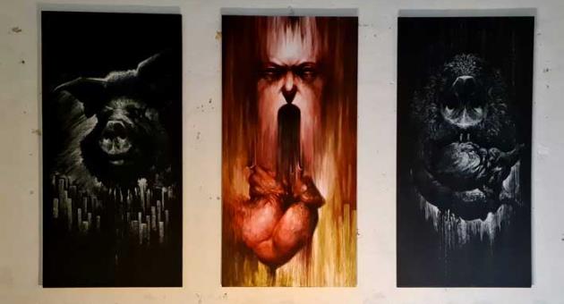‘Moral Value Ruin Triptych’, 2021, white pastel on black gesso ground and oil on white gesso ground on plywood panels, 244 x 122 cm