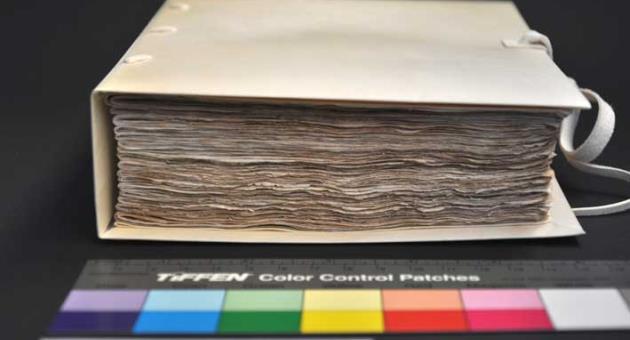 After treatment: R439/36 rebound in a new parchment cover, in the style of other sixteenth-century manuscripts from the Notarial Archives collection.