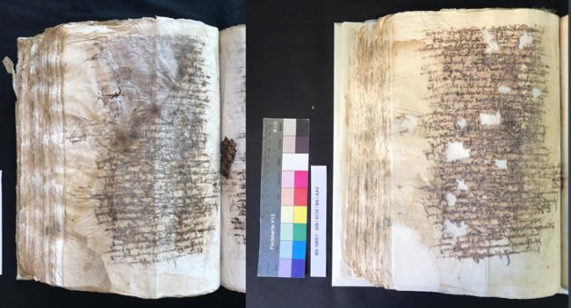 Before treatment: The volume was in a vulnerable state due to severe ink corrosion and previous interventions. After treatment: The text is rendered more legible as a result of the removal of the old repairs. Any lacunae were infilled and the ink was consolidated