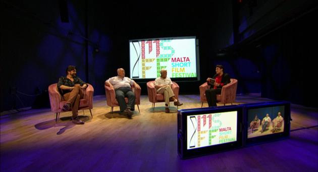 Filming at Theatre Next Door studios. From left: Carlos Farrugia, Charles Stroud, Tony Cassar Darien and Vanessa Vella