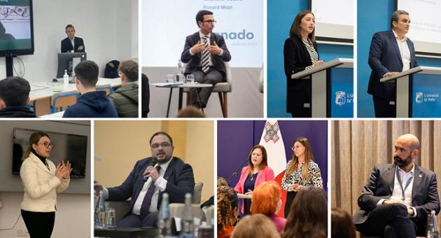 Top images, left to right: Richard Scerri, Ronald Mizzi, Leanne Imbroll, Kenneth Genovese. Bottom images, left to right: Graziella Bray, Matthew Swain, Silvana Bugeja & Gabriella Mangion (credit: Central Bank of Malta), and Jeremy Vassallo