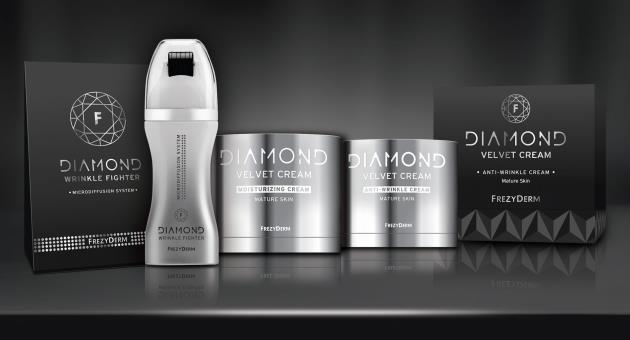 From left to right: Diamond Velvet Anti-Wrinkle Fighter Serum, Diamond Velvet Moisturising Cream, and Diamond Velvet Anti-Wrinkle Cream.