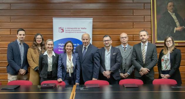 From left: Maurizio Cortis, Marketing Manager, PwC Malta; Vicky Soler Human Resources Manager, PwC Malta; Antonietta Rosiello, Course Coordinator, Higher Diploma in Organisation and Business Leadership, FEMA; Lisa Pullicino, Partner, PwC Malta; Prof. Alfred J. Vella, UM Rector; Jonathan Dalli, CEO & Executive Director, The Concept Stadium, Prof. Emanuel Said, Dean, FEMA; Prof. Franco Curmi, Head of Department of Marketing, FEMA; Lorraine Borg, Chief Brand Officer, The Concept Stadium