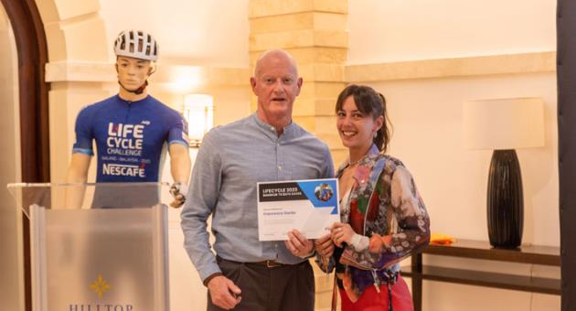 LifeCycle (Malta) Foundation Founder and Chairman Alan Curry with Francesca Garbe, winner of the 2023 Jack Bowen Award