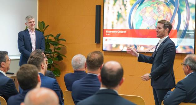 Geoffrey Fichte (right), CEO of HSBC Malta introducing HSBC Group Economist James Pomeroy (left)