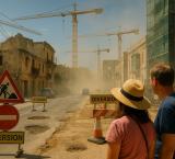 An AI generated picture showing a typical Maltese street overwhelmed by construction cranes, dust, scaffolding, blocked roads, traffic signs and potholes
