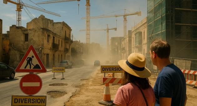 An AI generated picture showing a typical Maltese street overwhelmed by construction cranes, dust, scaffolding, blocked roads, traffic signs and potholes