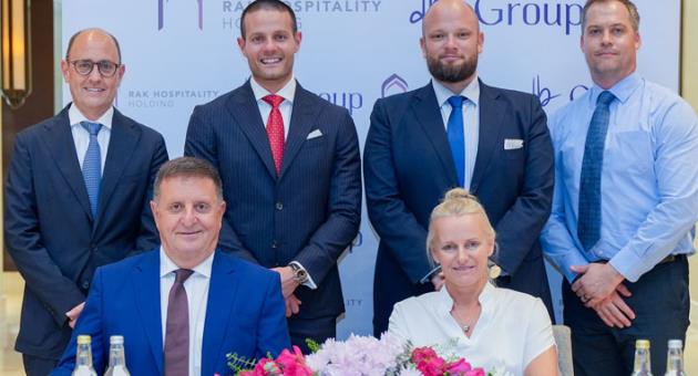 From left to right, standing: Nicholas Portelli - Managing Director SDH Capital, Robert Debono – Group CEO db Group, Thijs Van Rhoon, General Manager RAK National Hotels, Stefan Hanekom CFO- RAH Hospitality Holding. Seated: Silvio Debono -  Chairman db Group, Alison Grinnell – CEO RAK Hospitality Holding.