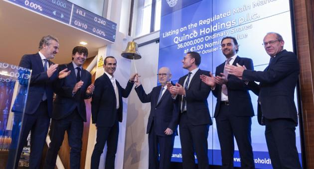 From left: Mr Michael Farrugia, Non-Executive Director, Quinco Holdings Plc, Mr Jan Zammit, Non-Executive Director, Quinco Holdings Plc, Mr Norman Aquilina, Executive Chairman Quinco Holdings Plc, Mr Louis Farrugia, Chairman Simonds Farsons Cisk Plc, Mr Domnic Borg, Non-Executive Vice Chairman Quinco Holdings Plc, Mr Neil Psaila, Non-Executive Director, Quinco Holdings Plc, Mr Simon Zammit, CEO, Malta Stock Exchange. 