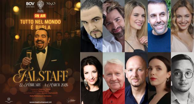 Top row: Kiril Manolov as Falstaff; Vittorio Prato as Ford; Elisa Balbo as Alice Ford; Nico Darmanin as Fenton; Letizia Bertoldi as Nannetta. Bottom row from left: Isabel De Paoli as Mistress Quickly; Angharad Rowlands as Meg Page; Harry Nicoll as Bardolfo;  Wyn Pencarreg as Pistola; Stanley Joe Portelli as Dr Caius