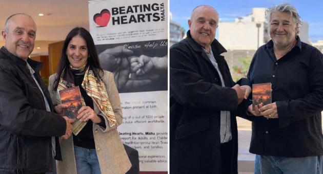 Joseph ‘Spice’ Spiteri author of Too Much Laughter, Once You Cry! presenting the book to Katrina Katrina Aquilina (left) of Beating Hearts Malta and Rennie Zerafa (right)  from Puttinu Cares
