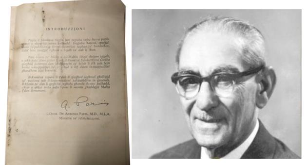 Left: Introductory note of booklet, titled, ‘Kif iggb ruhek Sewwa’. Right: Dr Antonio Paris, M.D., M.L.A, Minister of Education