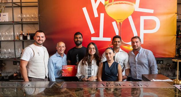 From left: Aleksandar Zivadinovic, technical judge; Pierre Stafrace, judge; Vinay Kale, winner first place; Veronica Guzman Chavarria, second place; Mattea Farrugia, Cointreau Brand Executive; Bibin Krisha, third place; Roberto Molaro, FBIC Spirits Ambassador and judge.
