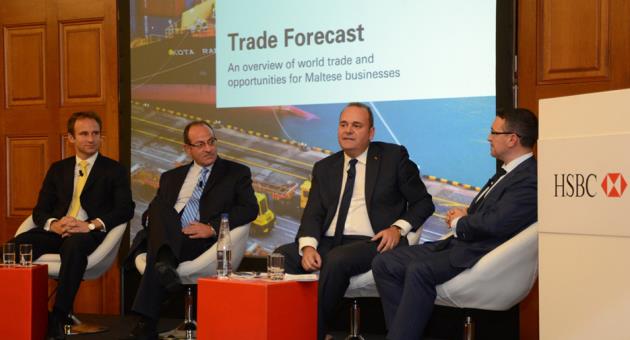 Minister for the Economy, Investment and Small Chris Cardona (second right) makes a point about Malta’s trade growth prospects, as HSBC Malta’s James Woodeson, Michel Cordina, and HSBC Europe’s Steve Box look on 