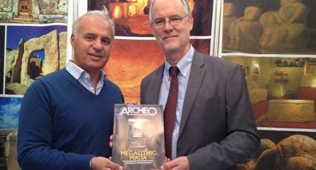 Dr Andreas Steiner, editor of ‘Archeo’ magazine presenting a copy of the new brochure ‘Megalithic Malta’ to Mr Dominic Micallef, MTA segment head History & Culture